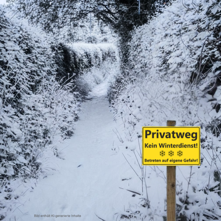 Schild Privatweg Kein Winterdienst Anwendungsbeispiel Gartenweg im Winter