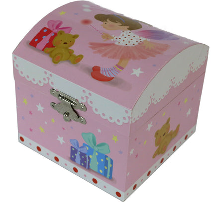 Schmuckkästchen Spieluhr "Mädchen & Teddy" geschlossen Deckelmotiv Fee, Teddybär und Geschenk