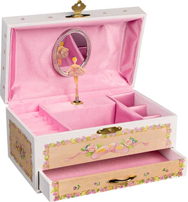 Schmuckkästchen Spieluhr "Schwanensee", mit tanzender Ballerina und kleinem Spiegel, kleine geteilte Ablagefächer, 1 seperates Schubfach