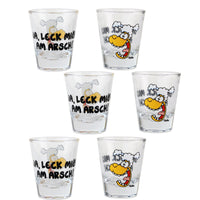 Schnapsglas 6er Set Ralph Ruthe "Ja leck mich am Arsch", mit Spruch und Schafsgesicht
