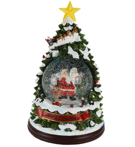 Schneekugel Spieluhr "Weihnachtsbaum", mit Schneekugel in der Mitte des Baumes, Banner "Merry Christmas" sowie großer gelber Weihnachtsstern am Baum
