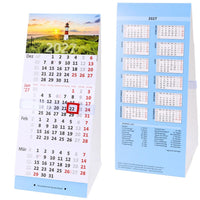 Schreibtischkalender 2027 mit Leuchtturmmotiv und Jahresübersicht