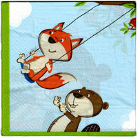 Servietten mit Motiv 33x33cm 16-20 Stück, Variante: Fuchs & Biber, Fuchs schaukelt und Biber schubst ihn an