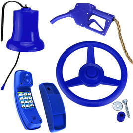 Spielturm Zubehör Set Polizei Tankstelle bestehend aus: Glocke, Zapfpistole,Lenkrad, Telefon jeweils in blau