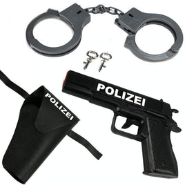 Spielzeug Polizei Set mit Pistole & Handschellen, graue Handschellen, schwarze Pistole und schwarzes Halfter , beides mit weißen "Polizei" Schriftzug