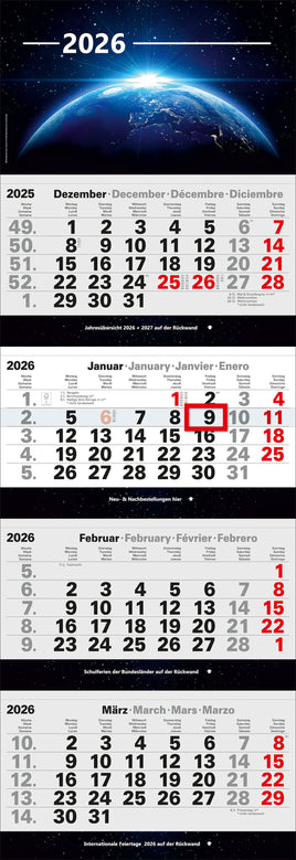 4- Monatskalender 2026 mit einem Bild des Universums im Kalenderkopf