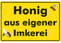 Werbeschild "Honig aus eigener Imkerei" 30x20cm mit gelben Hintergrund und schwarzer Schrift sowie Umrandung, mit 2 Bienen und 1 Blüte