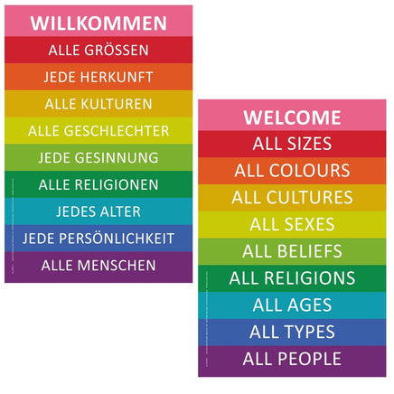 Willkomen Schild in Regenbogenfarben in englisch oder deutsch