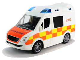 XL Modellauto Krankenwagen mit Licht & Sound 22cm, weiß mit orange-gelben Karomuster an Seite, Motorhaube orange mit "Rettungsdienst" Schriftzug, blaue Sirenen