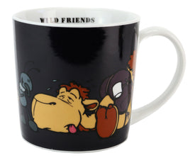 XL NICI Porzellan Tasse "Kamel & Ameise", Kamel liegt erschöpft, Ameise schmunzelt, Tasse innen + Henkel weiß, Schriftzug innen "WILD FRIENDS" in schwarz