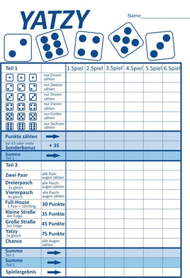 XL 50er Yatzy Spielblock A5, weiß mit blauer Schrift