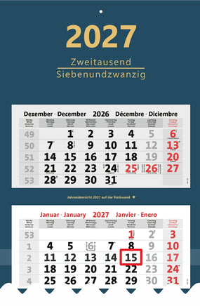 XXL 8-Monatskalender 2027 blau mit honiggelber Jahreszahl im Kalenderkopf