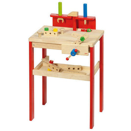 XXL Kinder Werkbank aus Holz mit Zubehör, helles Holz mit rot-grün-blau-gelben Akzenten