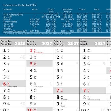 XXL Wandkalender 2027 als Plakatkalender mit Ferienterminen