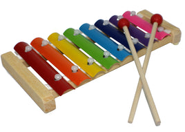 Xylophon bunt aus Holz & Metall mit 8 Tönen, mit folgenden Farben: rot,orange,gelb,hellgrün,hellblau,blau,lila, pink