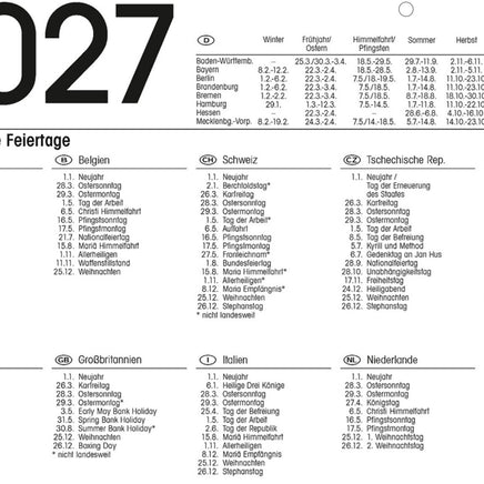 kontrastreicher 3-Monatskalender 2027 in blau mit internationalen Feiertagen und deutschen Ferienterminen