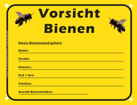 gelbes Hinweisschild Bienenstand mit schwarzer Schrift und 2 Bienen