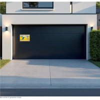 gelbes Schild Ausfahrt freihalten an Garage als Anwendungsbeispiel