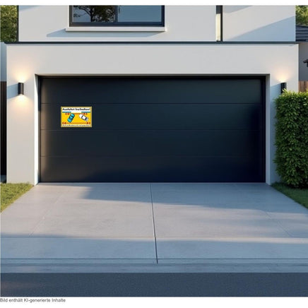 gelbes Schild Ausfahrt freihalten an Garage als Anwendungsbeispiel