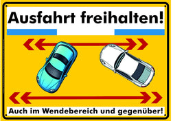 gelbes XL Hinweisschild Ausfahrt freihlaten auch im Wendebereich und gegenüber im A3- Format