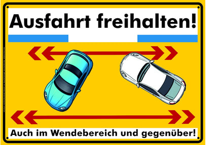 gelbes XL Hinweisschild Ausfahrt freihlaten auch im Wendebereich und gegenüber im A3- Format
