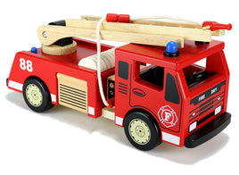 große Pintoy Feuerwehr mit Drehleiter, aus Holz, rot/blau/natur