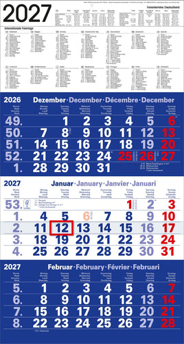 kontrastreicher 3-Monatskalender 2027 in blau