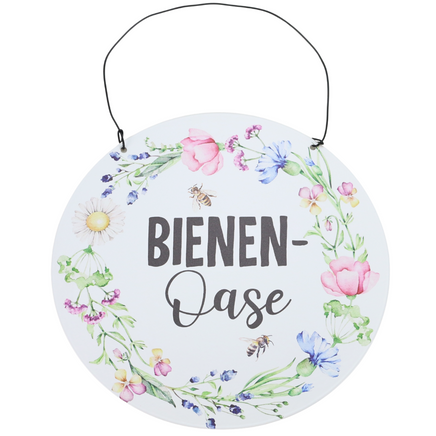 rundes Metallschild für den Garten mit Spruch: Bienenoase