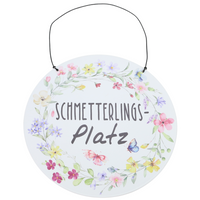 rundes Metallschild für den Garten mit Spruch: Schmetterlingsplatz