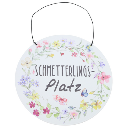 rundes Metallschild für den Garten mit Spruch: Schmetterlingsplatz