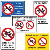 verschiedene Schilder zu Anlehn- und Abstellverboten für Fahrrad und E-Scooter