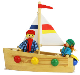 Segelboot aus Holz mit 2 Biegepuppen Boot & Skipper Segelschiff Biegepüppchen