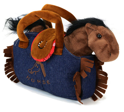 Kuscheltier Pony dunkelbraun in blauer Tasche