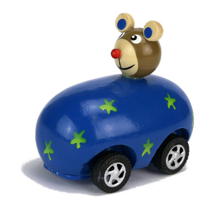 Tierflitzer - Auto mit Tier & Rückzug aus Holz bunt- Bär im blauen Auto