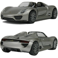 Welly Modellauto Porsche 918 Spyder Cabrio silber grau 12cm- Vorder-und Rückansicht