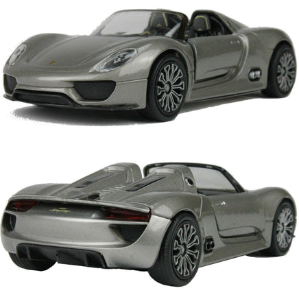 Welly Modellauto Porsche 918 Spyder Cabrio silber grau 12cm- Vorder-und Rückansicht