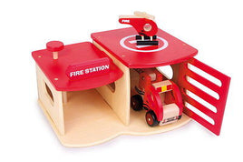 Feuerwehrwache mit Hubschrauber & Feuerwehr Auto aus Holz Spielzeug Puppenhaus